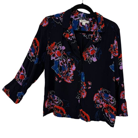 WHISTLES Women Button up Top size Medium navy Colorful Floral Cupro 3/4 Sleeve - Picture 1 of 11